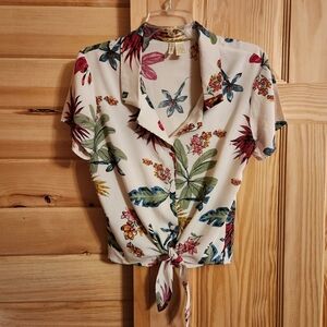 Floral button up shirt with tie waist